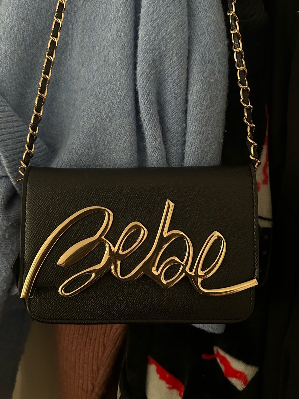bebe Black Crossbody Bag with Gold Script Logo